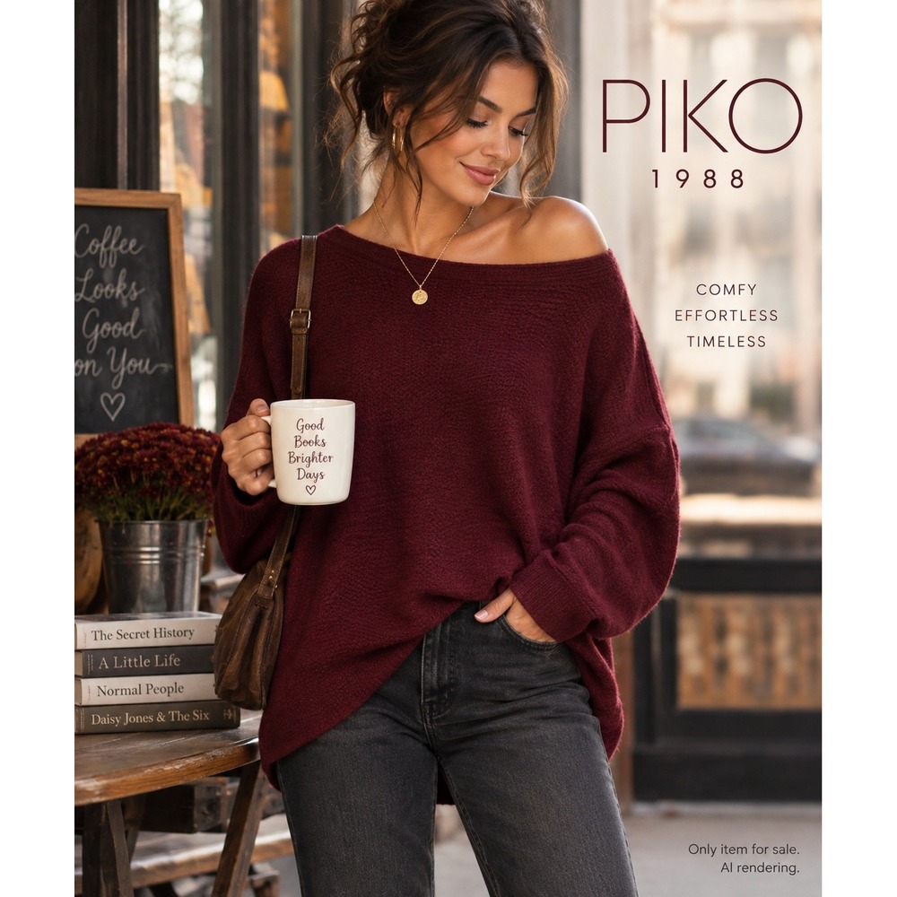 Piko Medium Oversized Slouchy Sweater Burgundy Wine Boat Neck Off Shoulder 90s